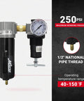 Pro Grade Half Inch NPT Filter and Regulator Duo for Air Compressors, black unit, 250 PSI, gauge visible, operating 40-150°F