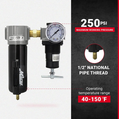 Pro Grade Half Inch NPT Filter and Regulator Duo for Air Compressors, black unit, 250 PSI, gauge visible, operating 40-150°F