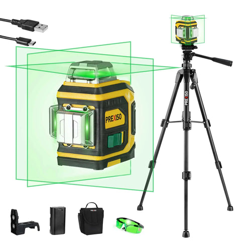 Rechargeable 360 Degree Self Leveling Green Laser Level with Tripod, magnetic base, and glasses for construction projects.