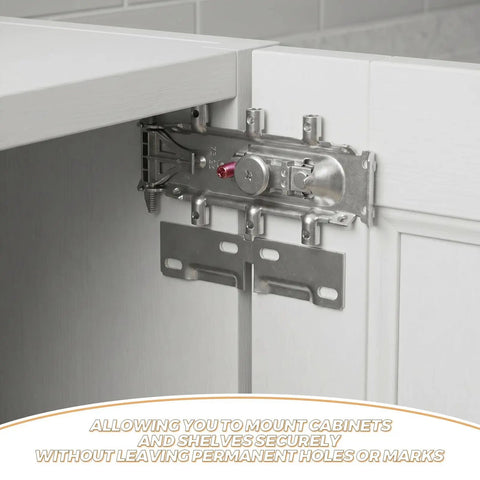 Detailed view of no drill shelf hanger bracket inside a cabinet, showing easy wall cabinet mounting, heavy-duty cold-rolled steel.