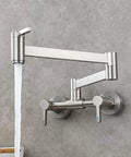 Solid Brass Kitchen Sink Faucet With Folding Extendable Arm, Wall Mount Dual Handle Hot And Cold Mixing, Brushed Nickel Finish