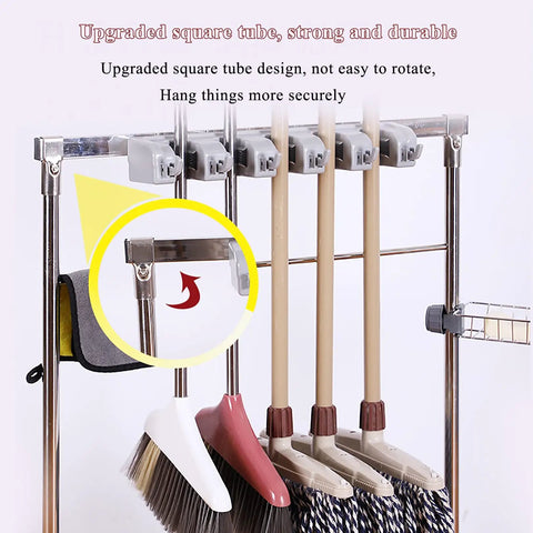 Sturdy Stainless Floor Standing Broom And Mop Rack On Wheels Movable Cleaning Tool Cart With Broom Holder Organizer Eight Slots