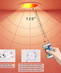 Diagram of LED Recessed Ceiling Light 3In 4In 5W RGB Dimmable Downlight, beam spread, remote control, and wiring details.