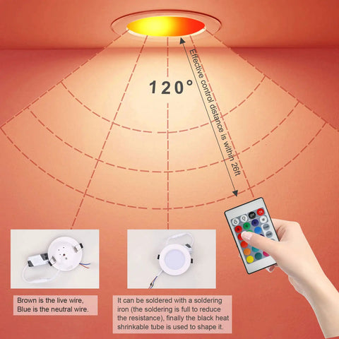 Diagram of LED Recessed Ceiling Light 3In 4In 5W RGB Dimmable Downlight, beam spread, remote control, and wiring details.