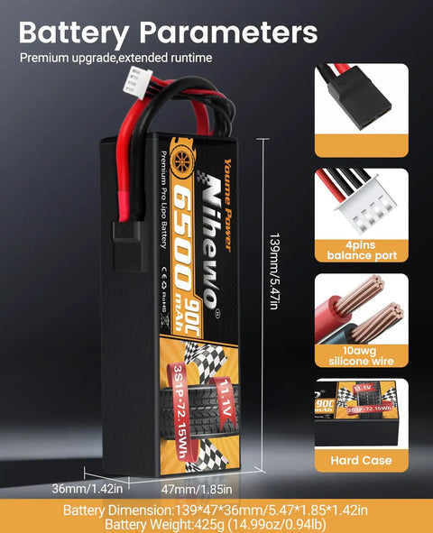 Image showcasing 3S 11.1V 6500mAh 90C High Power Hard Case RC Battery with TR plug and EC5 adapter, dimensions and wire details.