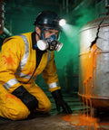 Worker wearing Full Face Gas Mask Respirator With Active Carbon Filter For Dust, Gas And Chemical Protection examining leak