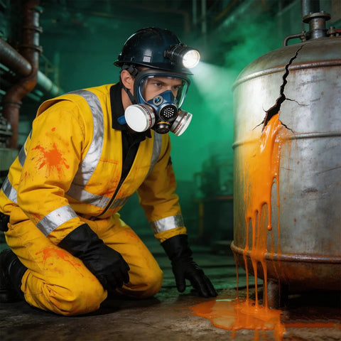 Worker wearing Full Face Gas Mask Respirator With Active Carbon Filter For Dust, Gas And Chemical Protection examining leak