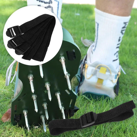 Adjustable Lawn Aerator Shoes Straps With 8 Pieces Garden Spike Laces for soil aeration shown on shoe in use