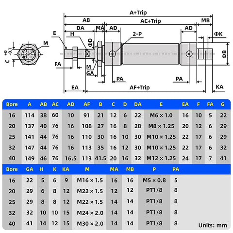 Technical diagram of Pneumatic Air Cylinder 25mm Bore 25mm Stroke Double Acting with measurements and fitting specifications.