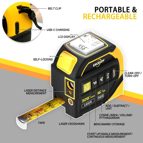 Heavy Duty Two In One Laser Tape Measure With 328Ft Slick Long Range Finder And 16Ft Pullback Steel Tape Featuring Spot On Crosshair Aim Plus Digital Angle And Volume Calc For Hustle Free Renovations