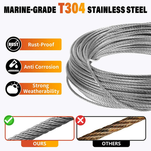Straight Up Heavy Duty 1/8 Inch Stainless Steel Cable Kit Includes 100 Feet Wire Rope with T304 stainless steel design and durability