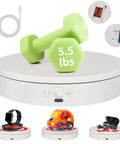 Foxvee 7.87 Inch White Motorized Rotating Display Stand 360 Silent Spinning Turntable Adjustable Speed showcasing a green 5.5 lbs dumbbell.