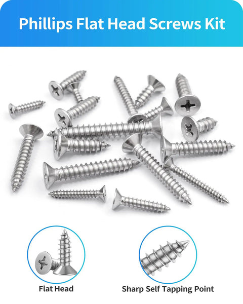 Hardcore 304 Stainless Steel Screw Assortment Kit With Phillips Flat Head Self Tapping Build For Wood And Sheet Metal In Sizes From Three Eighths To 2 Inches screws with flat heads and sharp self-tapping points.