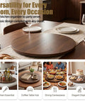 Top Tier 24 Inch Round Lazy Susan With Dead Smooth 360 Spin, Walnut Veneer Table Top Serving Tray set on dining table.