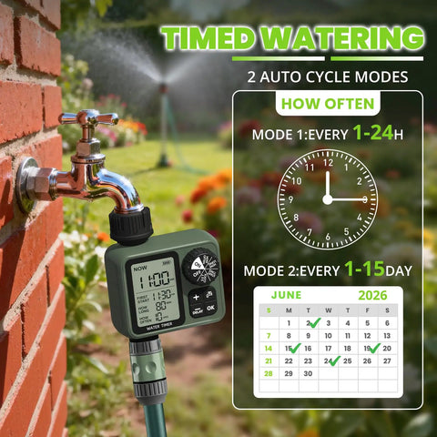 Smart Garden Sprinkler Timer For Hose Systems With Rain Delay And Auto Watering attached to brick wall, clock cycle display