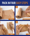 Eco Friendly 12x150ft Packing Paper With Rope And 20 Fragile Stickers For Moving And Shipping Recyclable Packaging Solution FSC Certified C204227 shown in four steps: unroll, stretch and cover, tear, and pack.