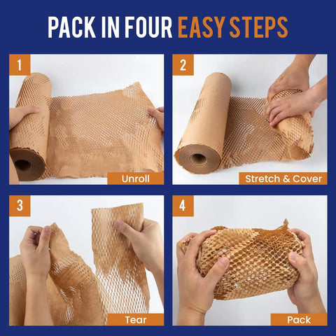 Eco Friendly 12x150ft Packing Paper With Rope And 20 Fragile Stickers For Moving And Shipping Recyclable Packaging Solution FSC Certified C204227 shown in four steps: unroll, stretch and cover, tear, and pack.