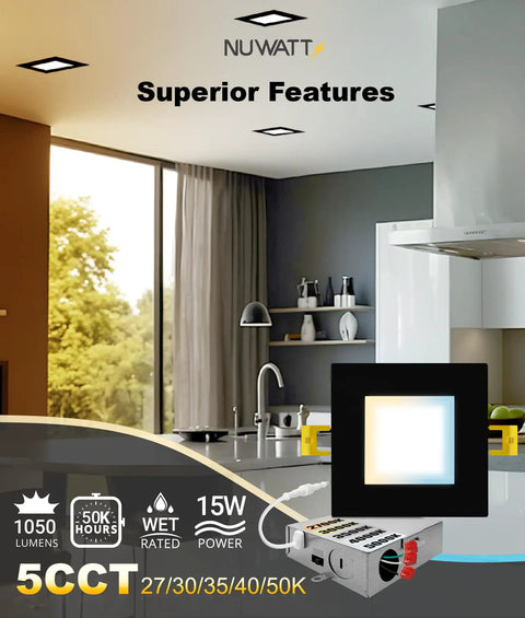 Six Pack 6 Inch Ultra Thin LED Recessed Lighting With Five CCTs Selectable in modern kitchen setting, featuring square design.