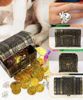 Pirate Treasure Chest Toy With Lock For Kids showing coins, gems, and rings with antique brass finish and lock, size 5.5x3.9 inches