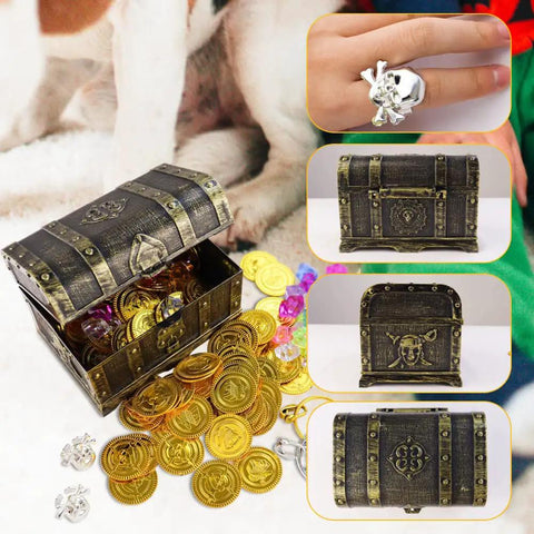 Pirate Treasure Chest Toy With Lock For Kids showing coins, gems, and rings with antique brass finish and lock, size 5.5x3.9 inches
