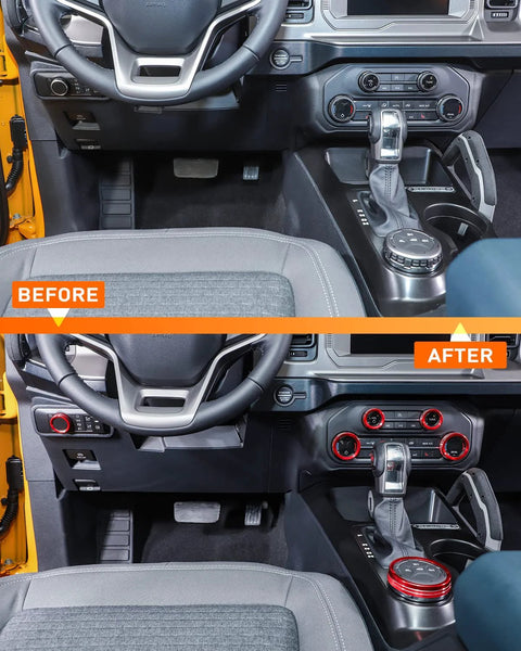 Savadicar CKT01 red billet aluminum knob trim installed in Ford Bronco 2021–2025 interior around HVAC and radio controls