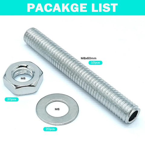 10 Piece M8 All Thread Lamp Rod Repair Kit Galvanized Iron Hollow Lamp Pipes With Hex Nuts And Washers For Chandelier And Ceiling Light 60mm Length DIY Electrical Repair And Beefed Up Hardware Set.