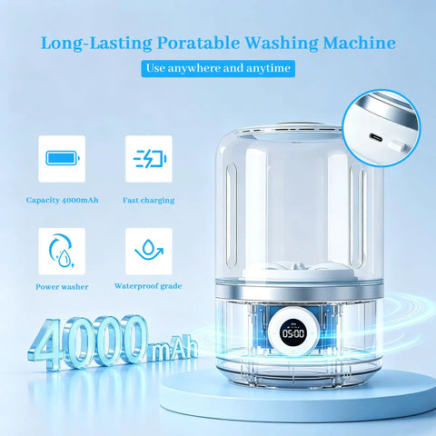 Rechargeable Mini Portable Washing Machine For Underwear And Baby Clothes Compact Travel Laundry Cleaner lightweight design with 4000mAh battery.