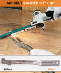 Rock Solid Multi Angle Industrial Air Belt Sander Includes 36 40 60 Grits Built Like A Tank For Pro Woodworking and Metal Grinding That Shreds Through Rust Like A Champ in action smoothing metal.