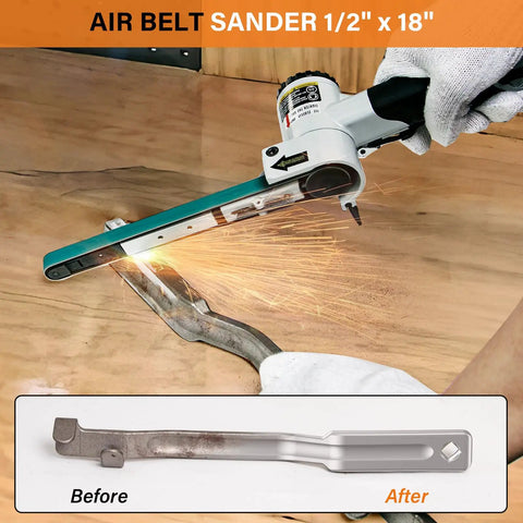 Rock Solid Multi Angle Industrial Air Belt Sander Includes 36 40 60 Grits Built Like A Tank For Pro Woodworking and Metal Grinding That Shreds Through Rust Like A Champ in action smoothing metal.