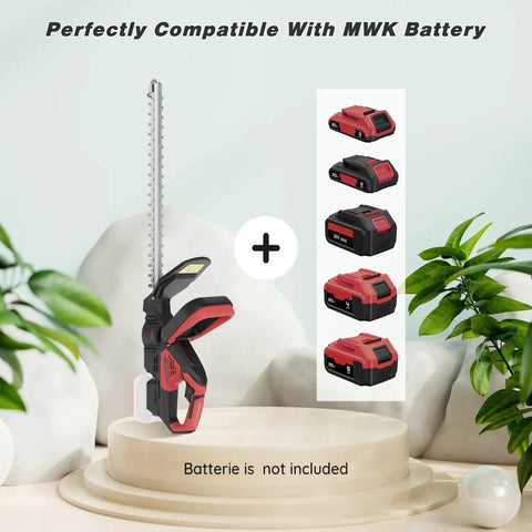Cordless Hedge Trimmer With Twenty Two Inch Dual Action Blade For Quick Hedge Shaping Three Fifths Inch Cutting Capacity 1600 RPM Safety Lock Battery Not Included Lightweight Ergonomic Design For Easy Handling And Consistent Precise Cuts displayed with compatible battery options, battery not included.