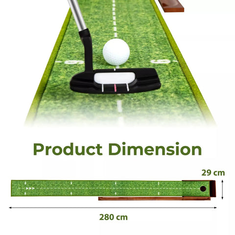 Indoor Golf Putting Mat With Putter And Five Practice Balls Auto Ball Return Velvet Surface For Home Office Or Backyard Practice Easy Setup Great Gift For Golf Lovers And Beginners showing product dimensions 280 cm x 29 cm