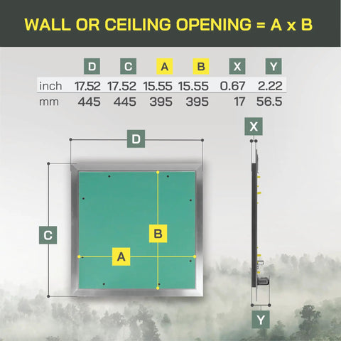 A Total Game Changer For Renos Rock Solid 16 By 16 Aluminum Wall Access Panel For Drywall, dimensions for installation shown.