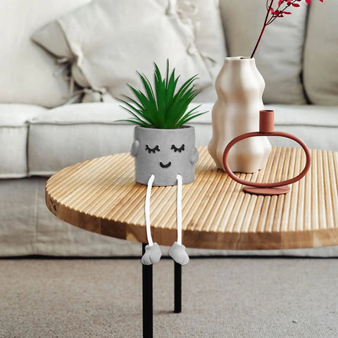 Small Artificial Plant In Cement Pot With Hanging Leg For Home Office Decor Realistic Faux Succulents On Wooden Table