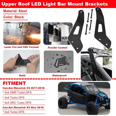 Rugged Roof Mount Brackets For 50 Inch And 52 Inch LED Light Bars Fits Maverick X3 showing powder-coated steel brackets and UTV fitment