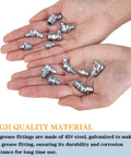Hands holding various grease fittings from 230 Piece SAE And Metric Grease Fittings Kit For Cars, Tractors, Boats, And Heavy Equipment