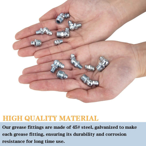 Hands holding various grease fittings from 230 Piece SAE And Metric Grease Fittings Kit For Cars, Tractors, Boats, And Heavy Equipment