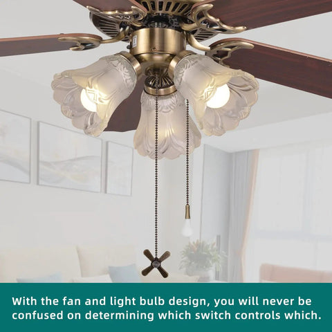 Old School Retro 42 Inch Indoor Ceiling Fan With Pull Chain And Three LED Light Bulb Sockets Bulbs Not Included Traditional 3 Speed Reversible Blades Antique Style For Living Room Or Bedroom