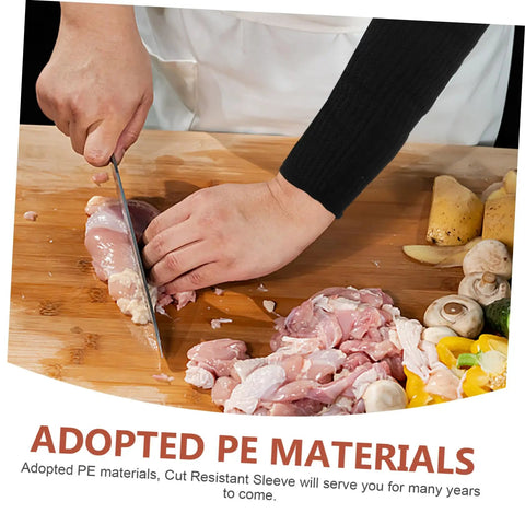 2 Pack Cut Resistant Arm Sleeves Hella Tough Pe Guard worn while slicing meat on a wooden cutting board, showcasing cut safety.