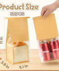 Bread And Cookie Bags With Seal And Window 50 Pack Reusable Bakery Bags With Tin Tie Tabs shown with bread and cans, size 5.1 x 3.9 x 11 inches.