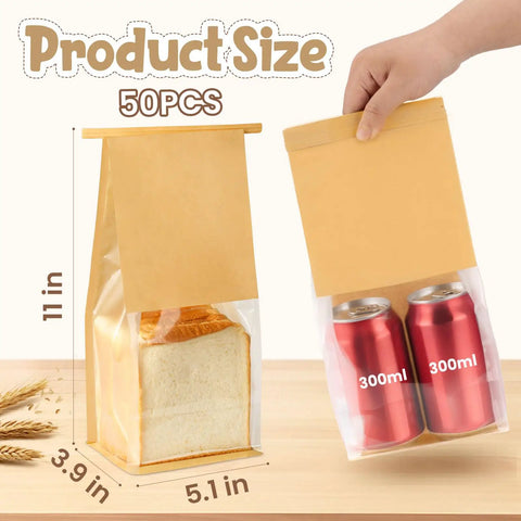 Bread And Cookie Bags With Seal And Window 50 Pack Reusable Bakery Bags With Tin Tie Tabs shown with bread and cans, size 5.1 x 3.9 x 11 inches.