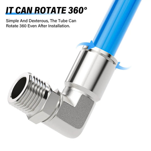 304 Stainless Steel Heavy Duty Male Elbow Push To Connect Fitting Three Eighths Inch Tube OD X One Quarter Inch NPT Thread 90 Degree