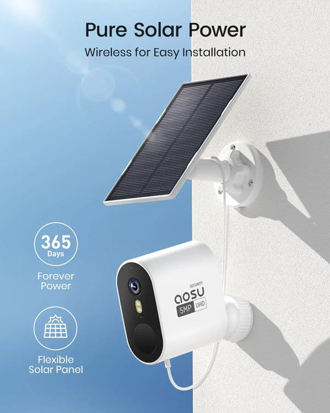 Outdoor Wireless Security Camera System With Solar Power 4 Camera Kit 3K 5MP HD Color Night Vision installed on wall