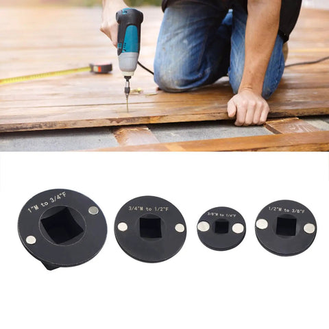 Drive Reducing Socket Adapter Set 4 Piece Low Conversion Kit Inch To 3/4 3/4 To Half Half To 3/8 3/8 To Quarter Drive For Automotive Machinery And Tight Space Repairs Where You Need Some Serious Muscle Now. 4-piece Cr Mo steel socket reducers for drill and ratchet use