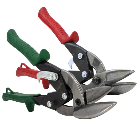 Midwest aviation snip set with two offset left- and right-cut tin snips; red and green handle grips.