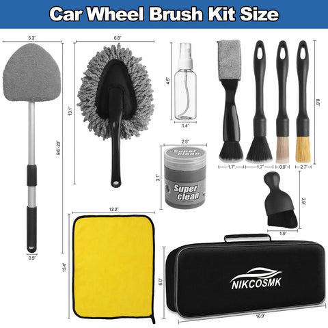 Pro Grade Car Interior Detailing Kit With Extendable Windshield Cleaner Tool, 14 Piece Set displayed with labeled dimensions.