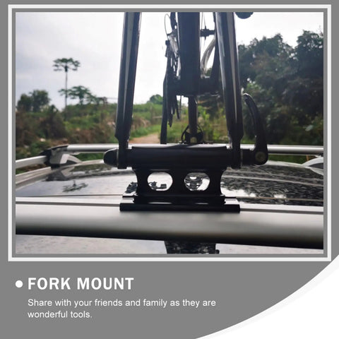Quick Release Bike Roof Mount For Roof Racks Heavy Duty Iron Construction Stable Fork Carrier with a mounted bike visible