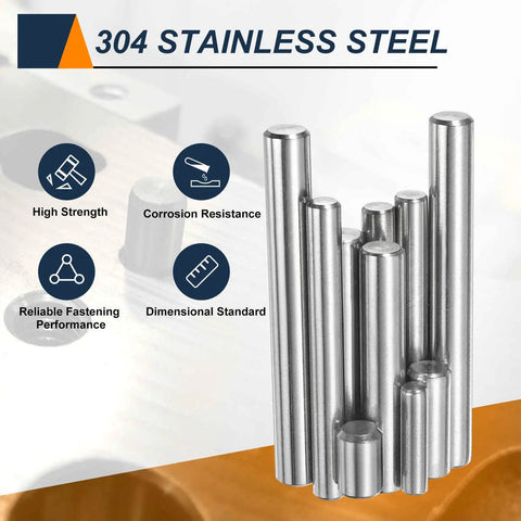 Heavy Duty 50 Pack M2 Dowel Pins 2 Millimeter X 50 Millimeter Long 304 Stainless Steel Cylindrical Shelf Support Pegs stacked in a workshop setting.