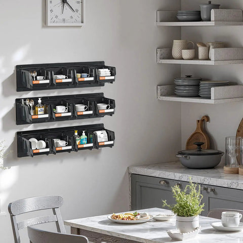 Garage Must Have Wall Mounted Storage Bins Space Saving Organizer With 12 Plastic Bins And 3 Metal Rails in kitchen setup