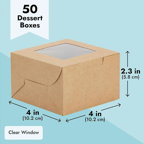 Heavy Duty Brown Cardboard Cookie Boxes With Clear Viewing Window Four By Four Inch Pastry Containers For Cupcakes Mini Pies And Sweet Treats Fifty Pack Straight Up Quality Bakers Packing