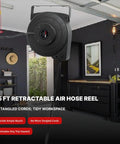 Heavy Duty Retractable Air Hose Reel With 1/4 Inch By 45 Feet Hybrid Hose Max 300 Psi, wall-mounted, tidy workspace setup.